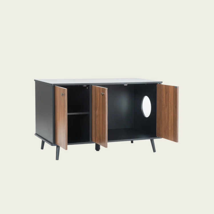 3 Doors Cat Litter Box Furniture - Hidden Litter Box Enclosure Bench with Storage & Hidden Plug - Black & Walnut MDF