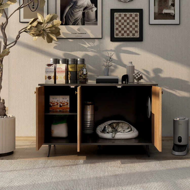 Cat Litter Box Furniture with Hidden Plug, 3 Doors Storage Bench Black and Walnut
