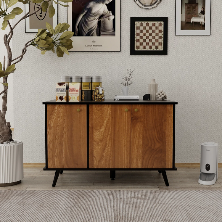 3 Doors Cat Litter Box Furniture - Hidden Litter Box Enclosure Bench with Storage & Hidden Plug - Black & Walnut MDF