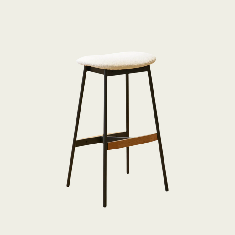 25" Retro backless Bar Stool | White boucle Seat | Dark Metal Frame | Wood Accent | set of 2