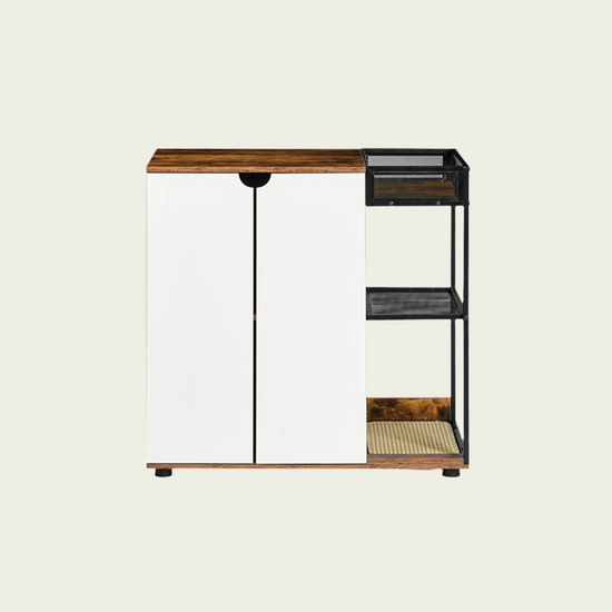 Double Cat Litter Box Furniture - 2 Hidden Litter Box Enclosure with mat - White & Walnut MDF