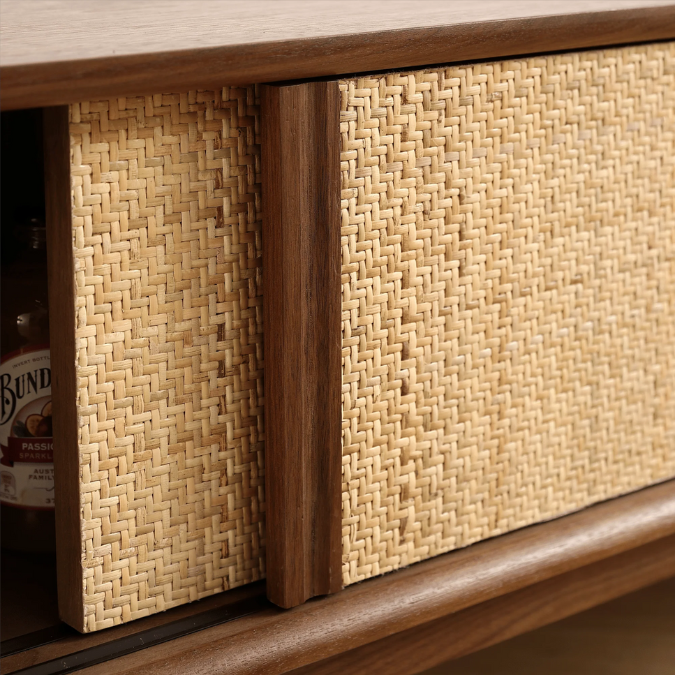 68.89" Retro Two-Door, Four-Drawer Cabinet with Natural Rattan Weaving — Black Walnut Finish