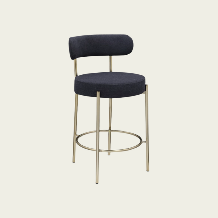 Twilight Woker Furniture Modern Sherpa Counter Height Stools Set of 2, Uphsoltered 26" Seat Height Barstools with Brushed Brass Metal Legs Round Low Back Kitchen Stools with Footrest for Dining Room, Black