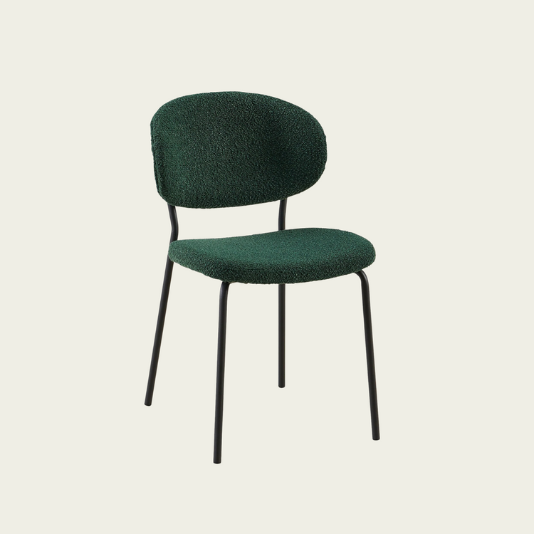 Dark Green Boucle Fabric Dining Chairs Set of 4, Mid-Century Modern Dining Chairs, Kitchen Dining Room Chairs, Curved BackrestUpholstered Boucle Dining Chair with Black Metal Legs