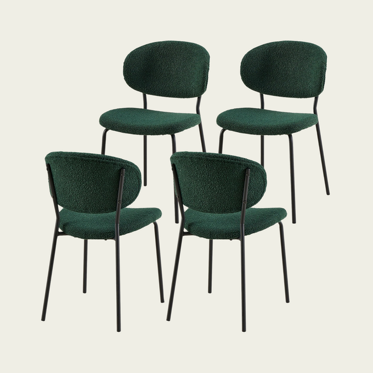 Dark Green Boucle Fabric Dining Chairs Set of 4, Mid-Century Modern Dining Chairs, Kitchen Dining Room Chairs, Curved BackrestUpholstered Boucle Dining Chair with Black Metal Legs