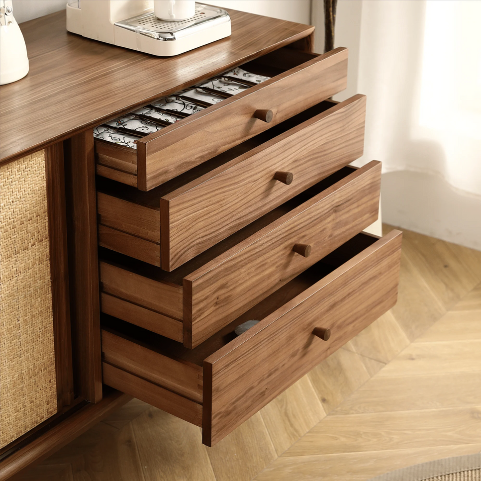 68.89" Retro Two-Door, Four-Drawer Cabinet with Natural Rattan Weaving — Black Walnut Finish