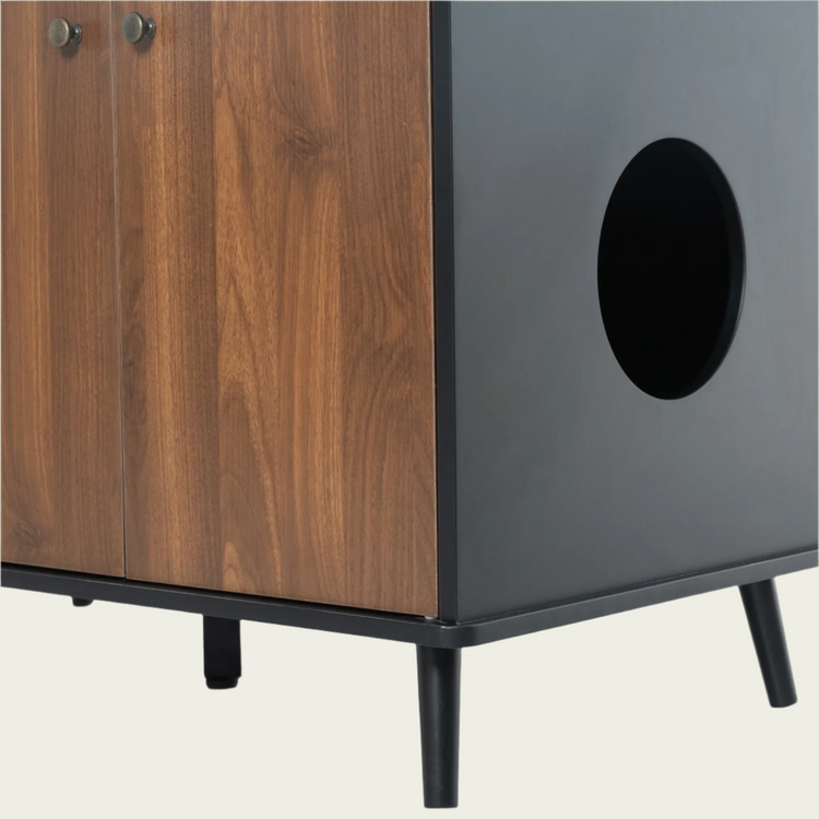 3 Doors Cat Litter Box Furniture - Hidden Litter Box Enclosure Bench with Storage & Hidden Plug - Black & Walnut MDF