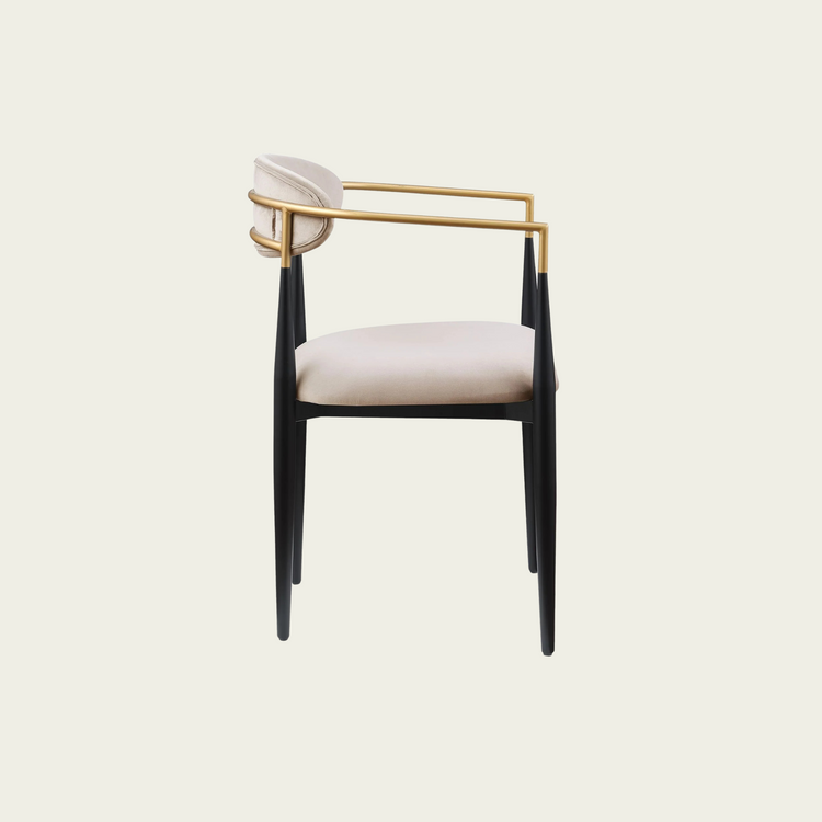 Set of 2 Mid-century modern backrest chairs | needle metal frame gold armrest & beige fabric upholstery 22