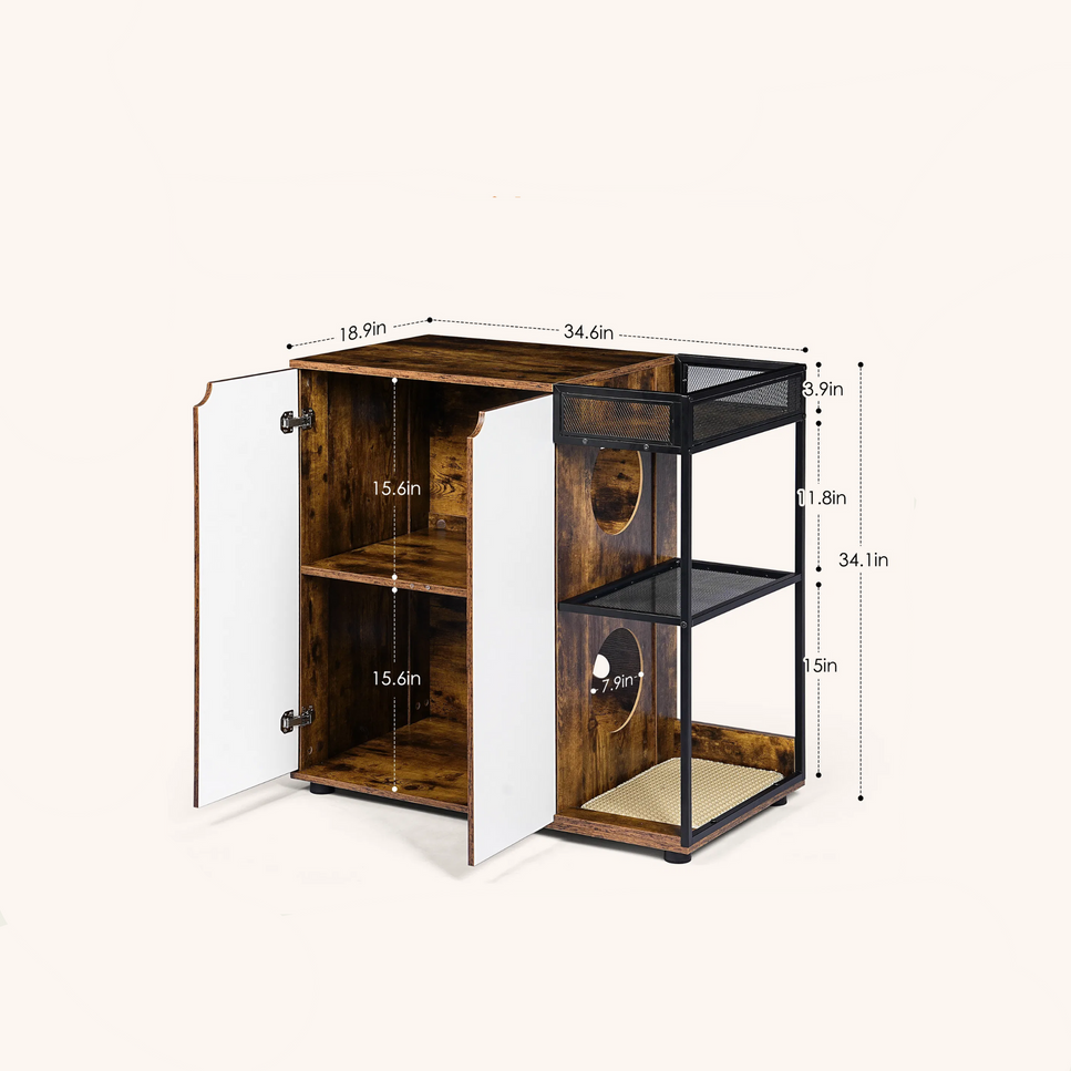 Double Cat Litter Box Furniture - 2 Hidden Litter Box Enclosure with mat - White & Walnut MDF