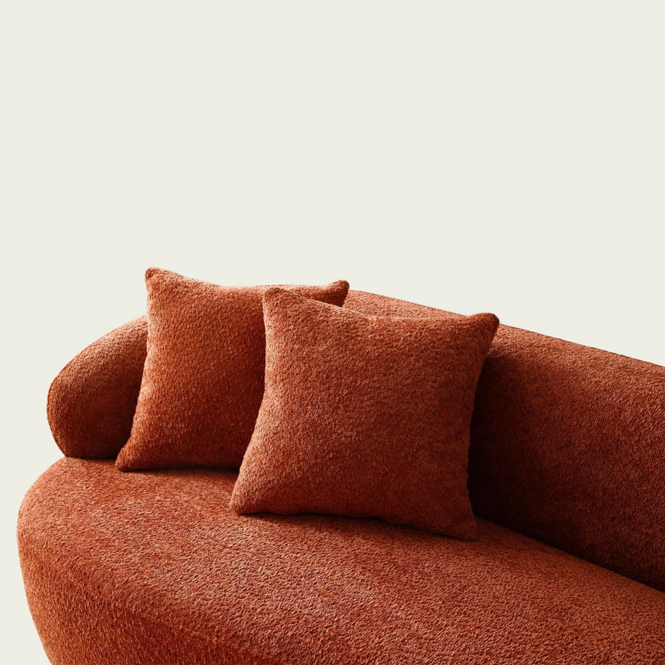 Mid century modern Curved Boucle Sofa | Orange upholstery | Half Moon Design | 2 Pillows Included