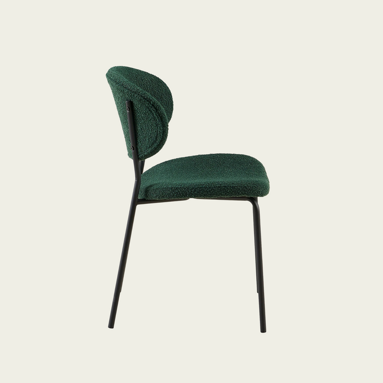 Dark Green Boucle Fabric Dining Chairs Set of 4, Mid-Century Modern Dining Chairs, Kitchen Dining Room Chairs, Curved BackrestUpholstered Boucle Dining Chair with Black Metal Legs