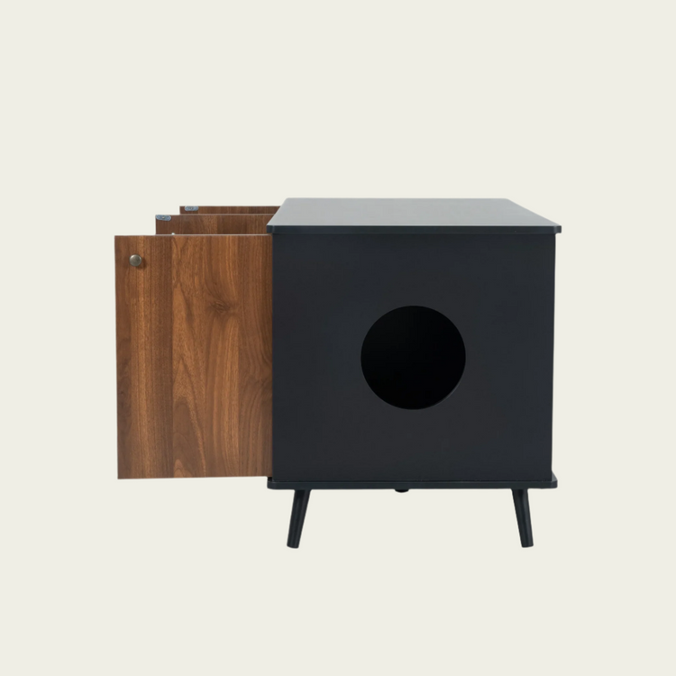Cat Litter Box Furniture with Hidden Plug, 3 Doors Storage Bench Black and Walnut