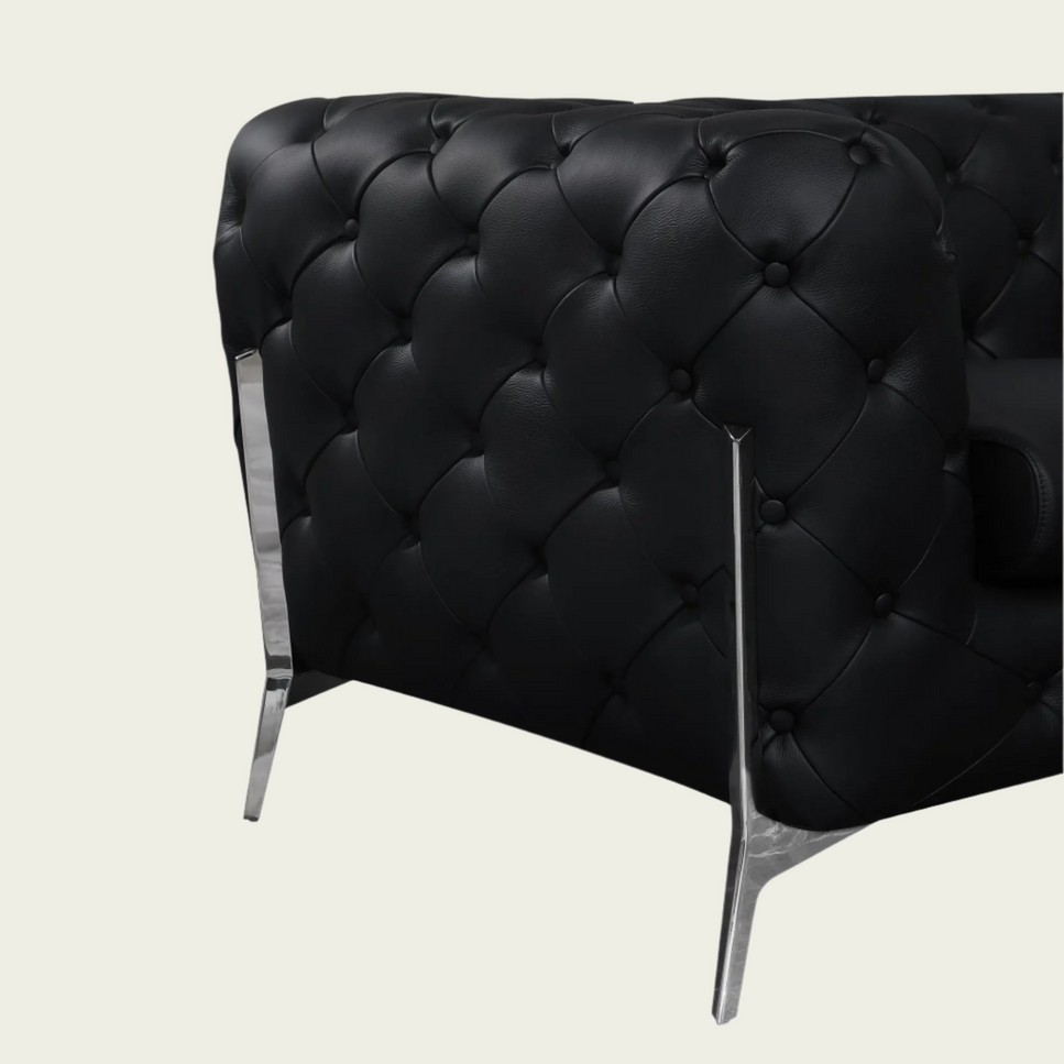 93" Authentic Italian Black Leather Sofa | Chesterfield Design | Deep Button Tufting | Low Profile