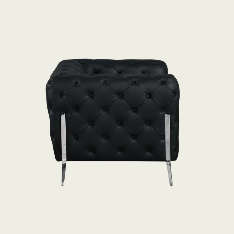 93" Authentic Italian Black Leather Sofa | Chesterfield Design | Deep Button Tufting | Low Profile