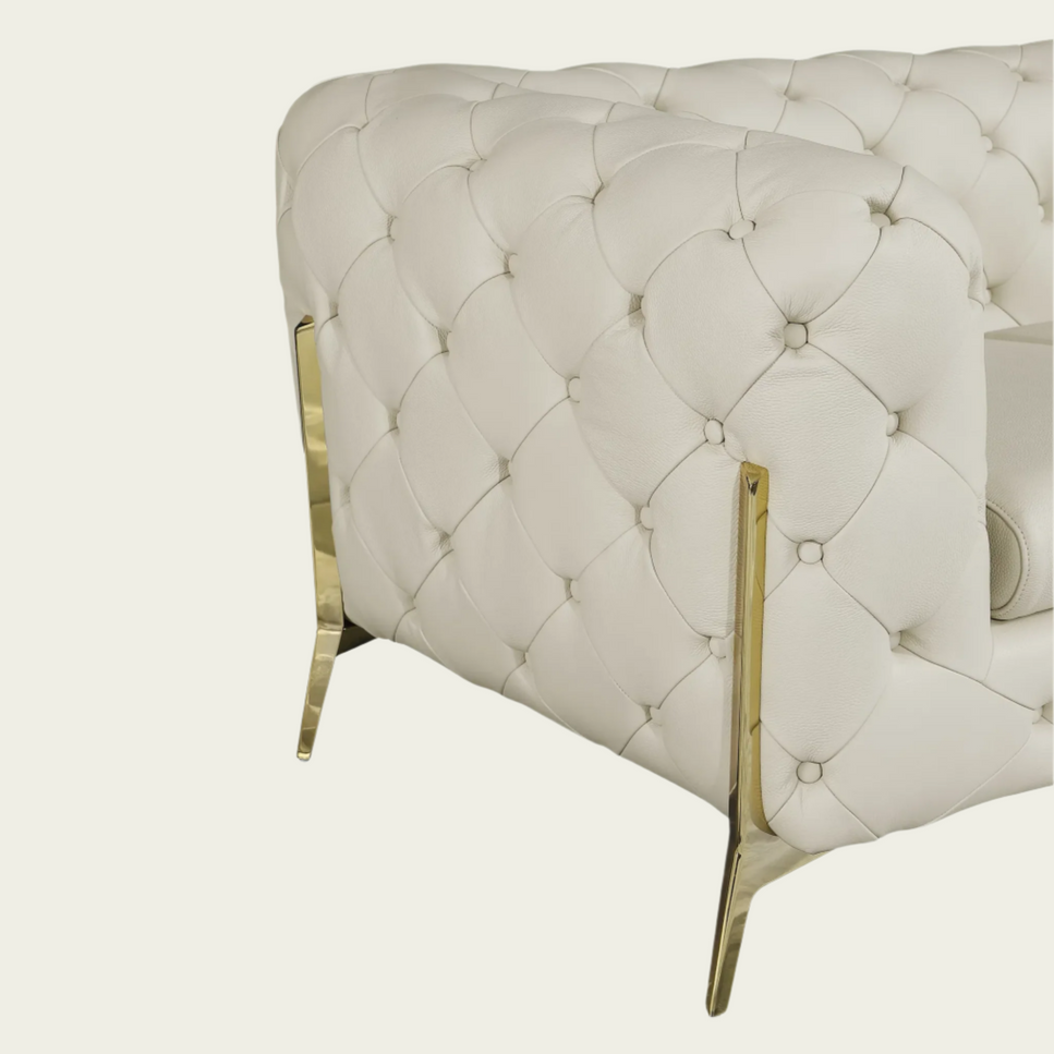 93" Authentic Italian Ivory Leather Sofa | Chesterfield Design | Deep Button Tufting | Low Profile
