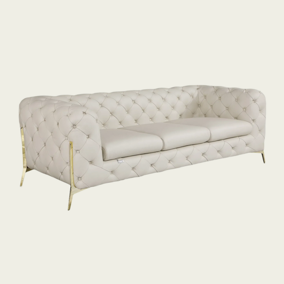 93" Authentic Italian Ivory Leather Sofa | Chesterfield Design | Deep Button Tufting | Low Profile