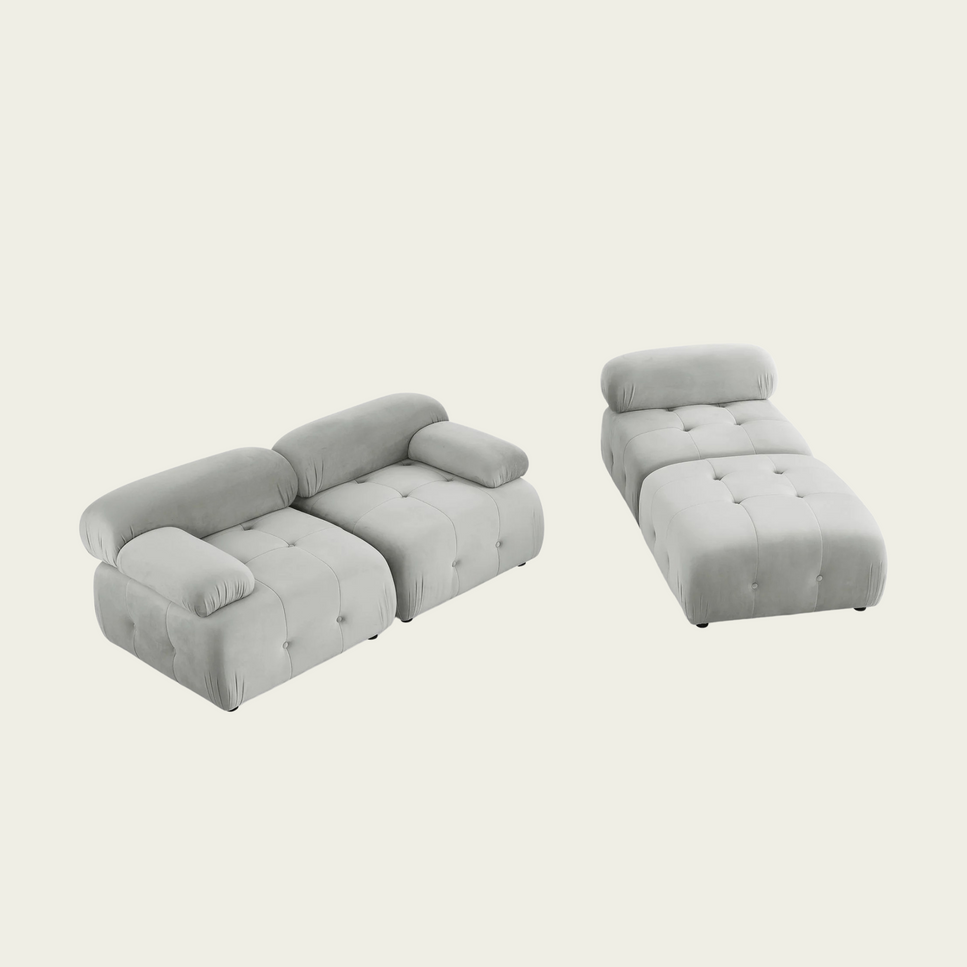 Button Tufted Modular Sectional Sofa with Reversible Ottoman | Grey velvet upholstery