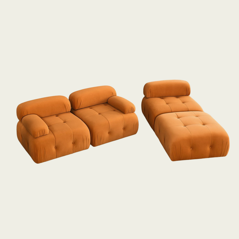 Button Tufted Modular Sectional Sofa with Reversible Ottoman | Orange Velvet upholstery