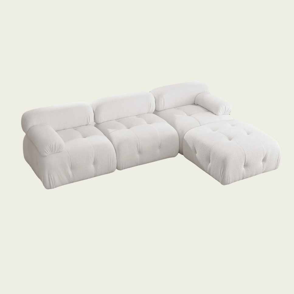 Button Tufted Modular Sectional Sofa with Reversible Ottoman | White teddy sherpa upholstery