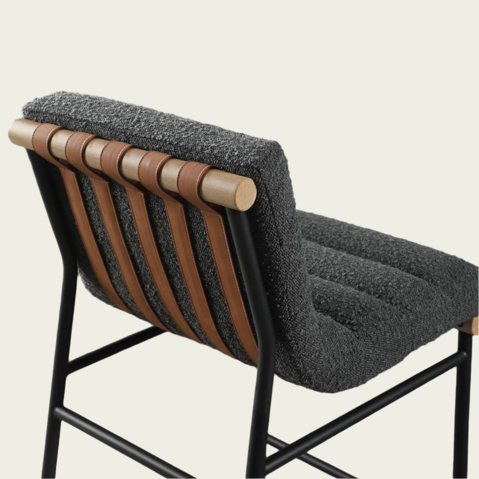 Lahni Dark Gray Bouclé Fabric Counter Height Chair | Horizontal Channel Back | Woven Leather Details