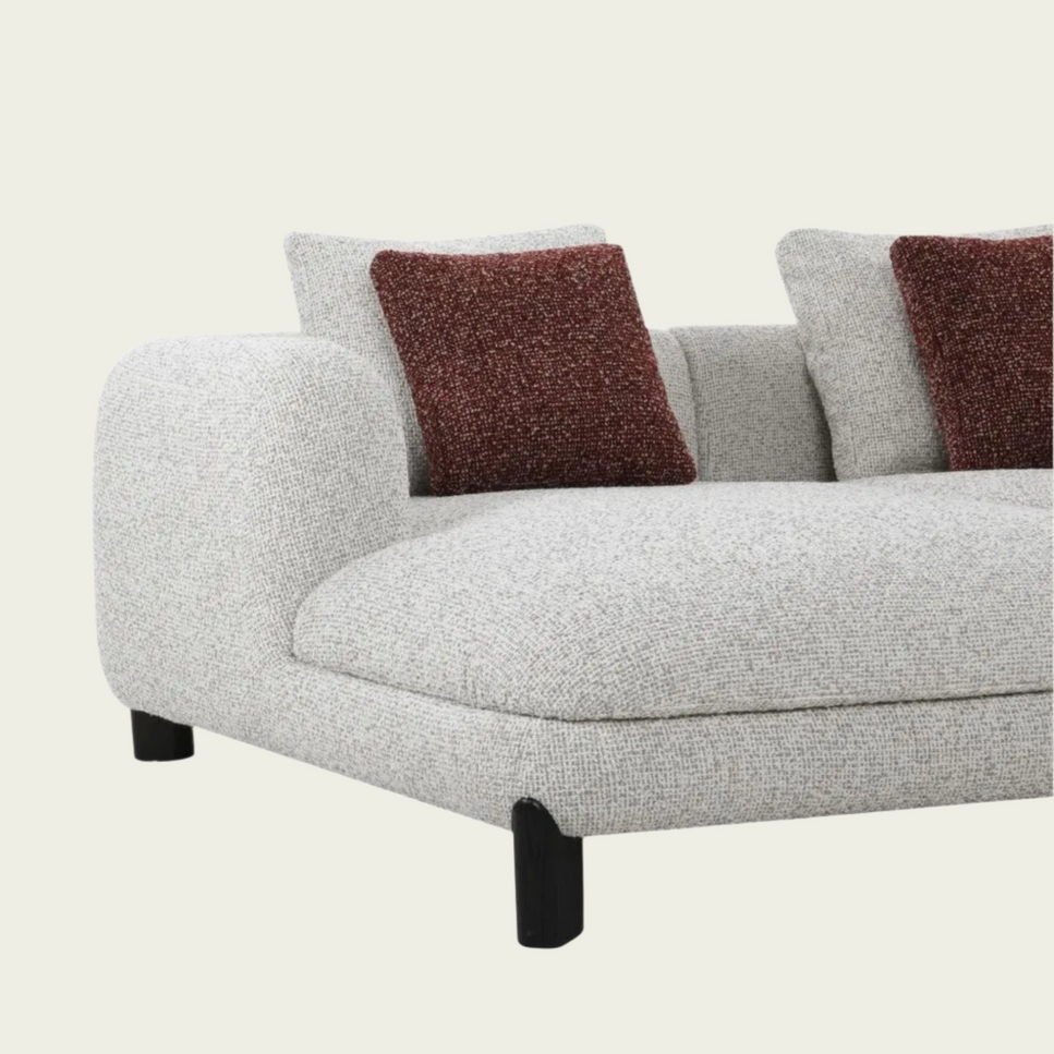 Low Backrest sctional sofa | Rounded Arms | Ivory Tweed Upholstery| 3 Back Cushions & accent pillows