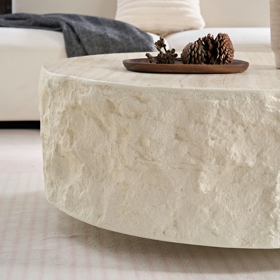 Low Round Ivory Coffee Table | Fiberglass Textured Stone-Like imitation | Cylindrical Base