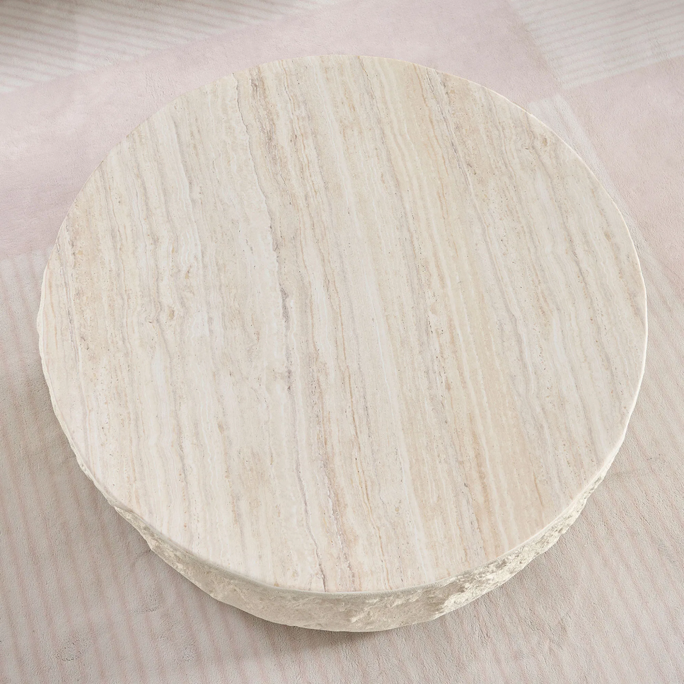 Low Round Ivory Coffee Table | Fiberglass Textured Stone-Like imitation | Cylindrical Base