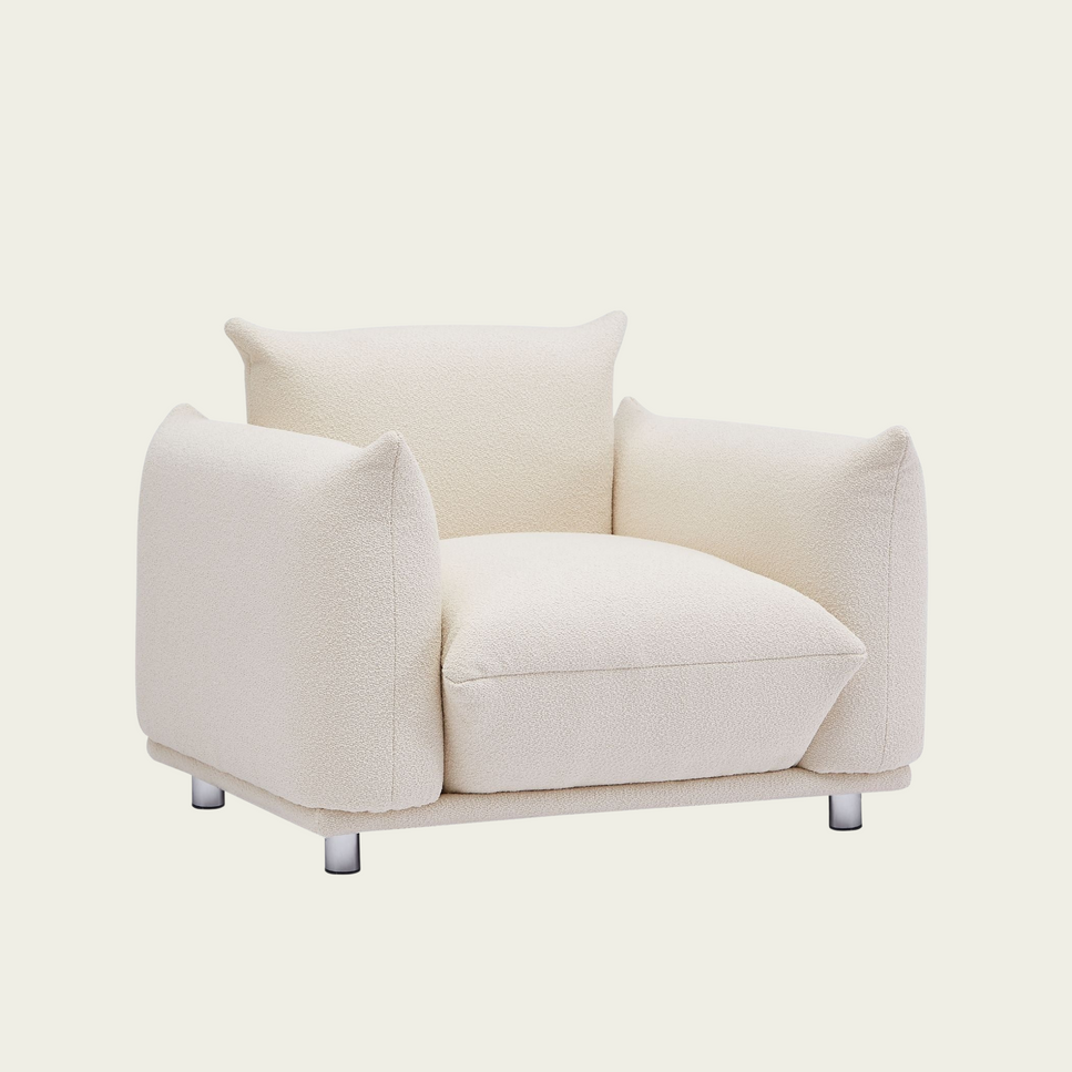 Mid-Century Modern 1 seat armchair| White lambswool sherpa Upholstery| Extra Deep Seat & metal legs