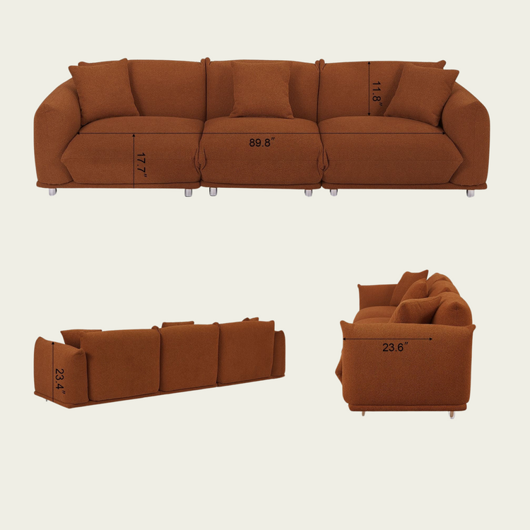 Mid-Century Modern 3-Seater Couch | Orange Boucle Upholstery | Extra Deep Seat | metal legs