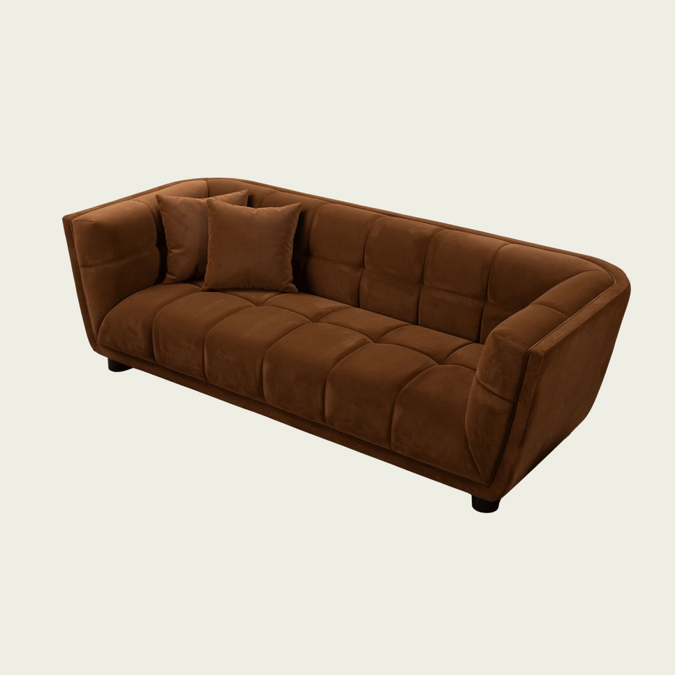 Mid-century modern Sofa | square tufted back and seating | Retro style Brown velvet