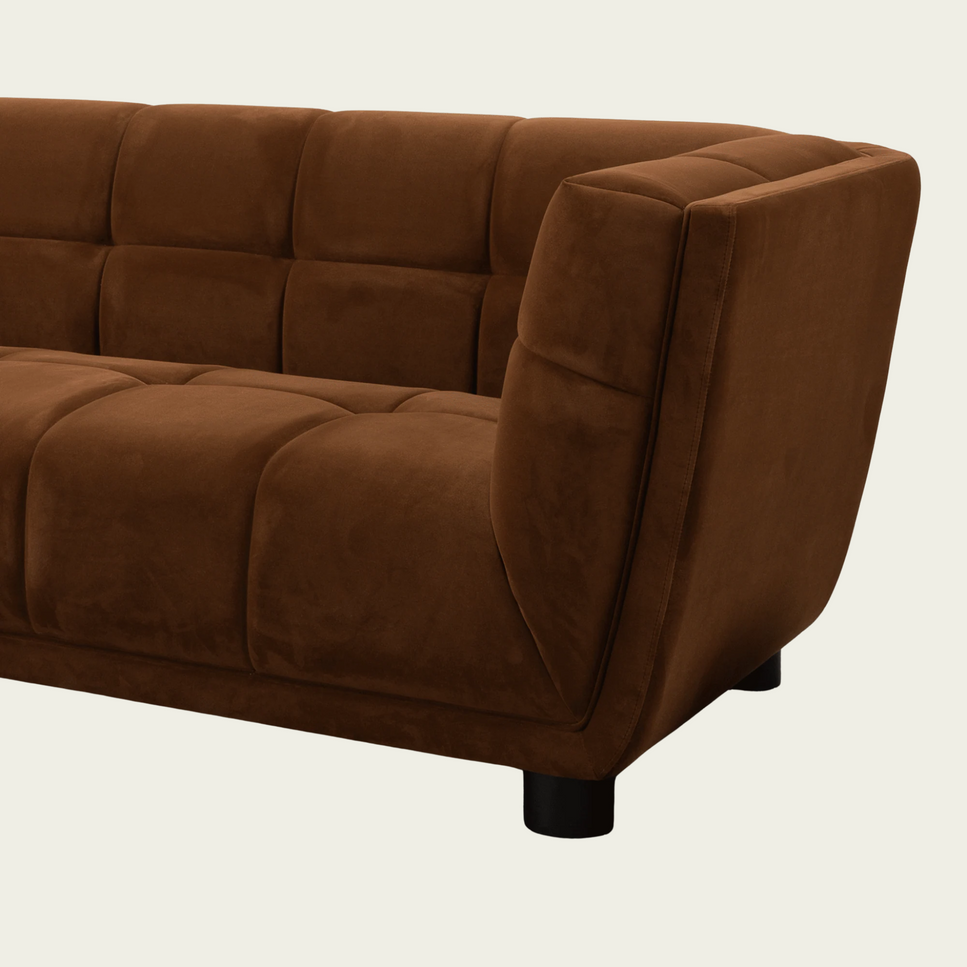 Mid-century modern Sofa | square tufted back and seating | Retro style Brown velvet