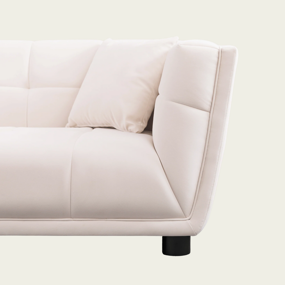 Mid-century modern Sofa | square tufted back and seating | Retro style White velvet