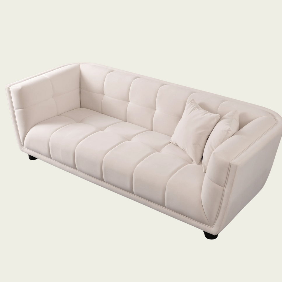 Mid-century modern Sofa | square tufted back and seating | Retro style Whitevelvet