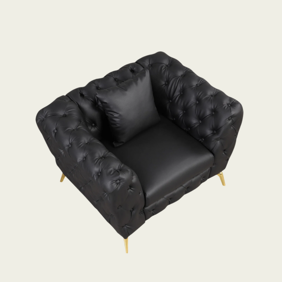 Mid century modern Black PU Leather Chesterfield armchair | Gold metal legs | pillow included
