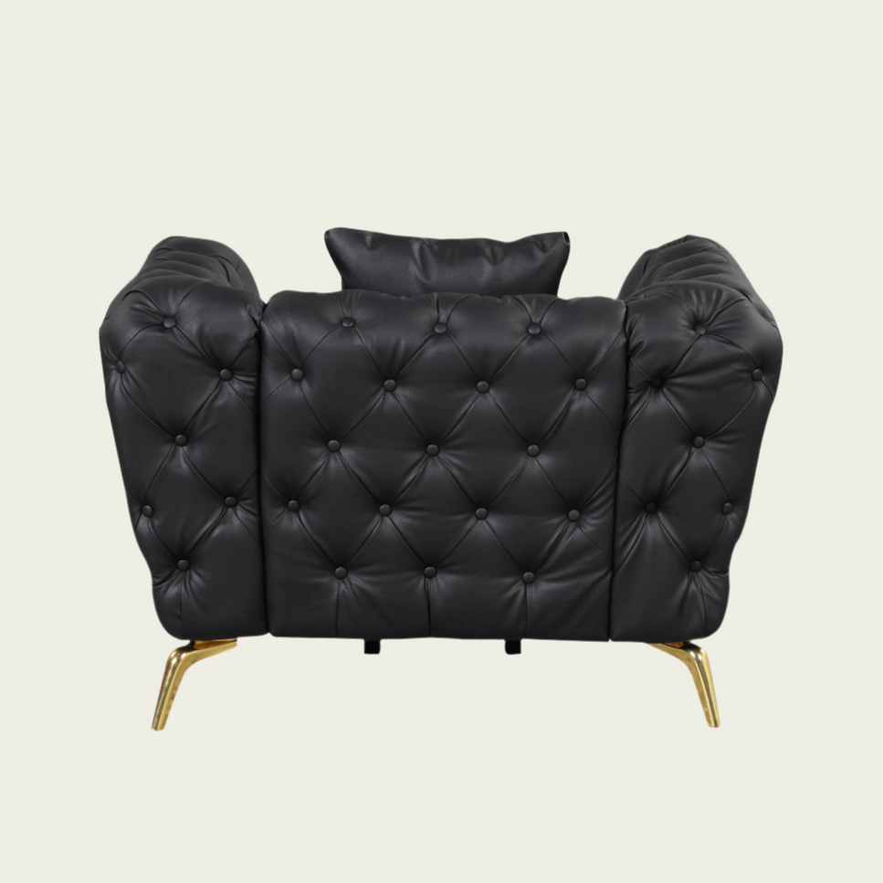 Mid century modern Black PU Leather Chesterfield armchair | Gold metal legs | pillow included