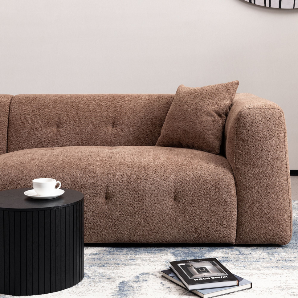 Retro L-shaped button tufted sofa | Soft brown upholstery | angular armrest