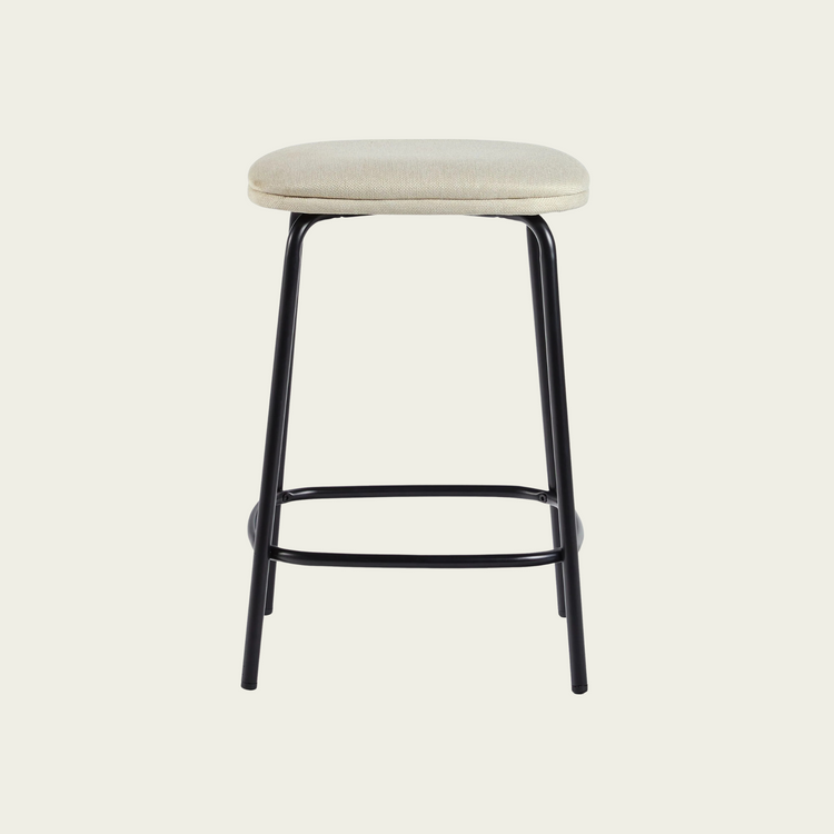 Retro backless counter Stool | Ivory seat upholstery | Dark Metal Frame | set of 2