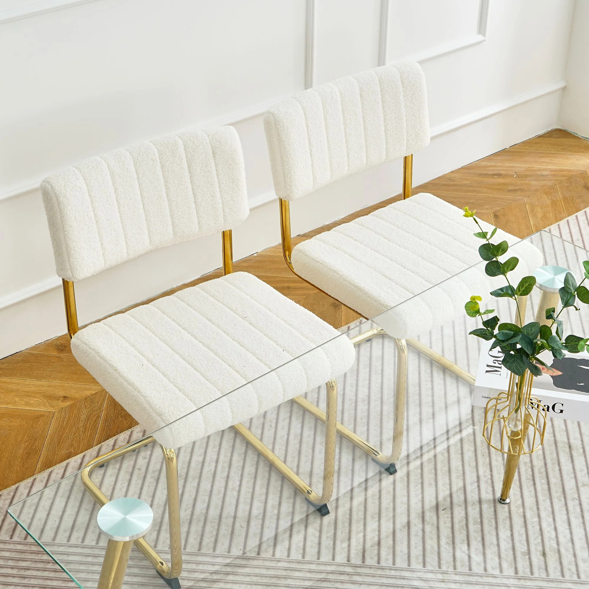 Retro cantilever chair | White flannel upholstery |Gold metal frame