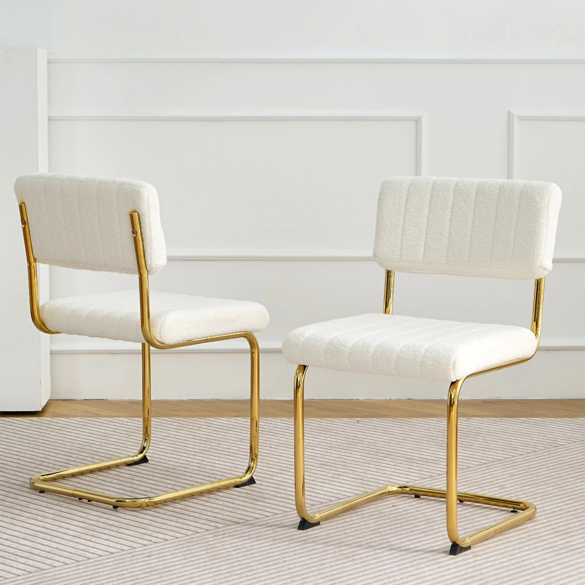 Retro cantilever chair | White flannel upholstery |Gold metal frame