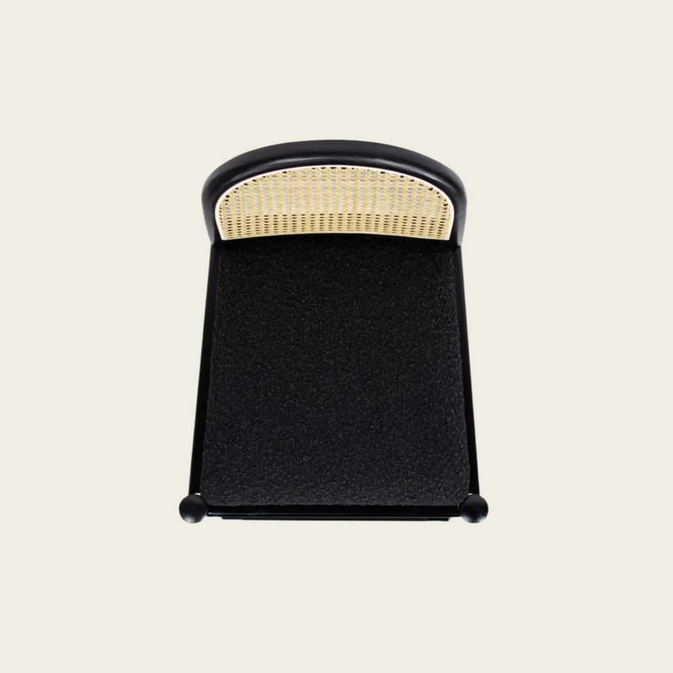 Set of 2 Bar Stools | Curved Cane Rattan Backrest | Black Boucle Seat | Black Wood Frame