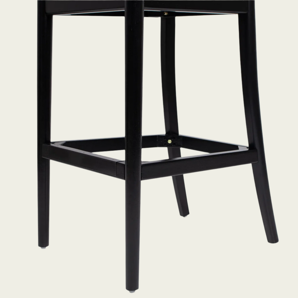 Set of 2 Bar Stools | Curved Cane Rattan Backrest | Black Boucle Seat | Black Wood Frame