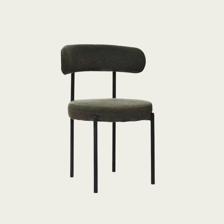 Set of 2 Mid-Century Modern open back chairs | curved backrest & round seating | green boucle fabric