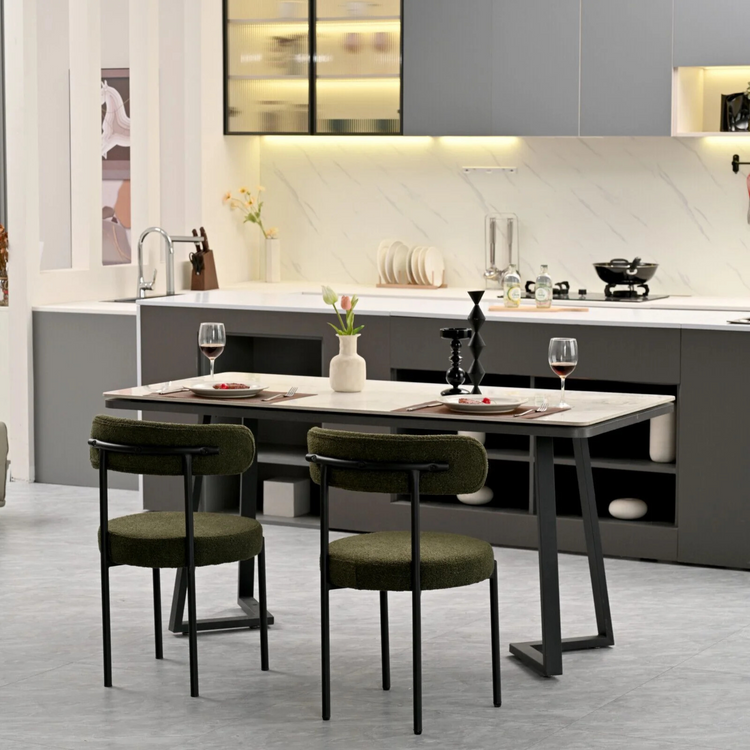 Set of 2 Mid-Century Modern open back chairs | curved backrest & round seating | green boucle fabric