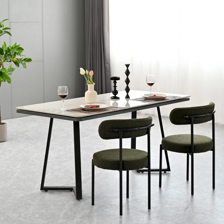 Set of 2 Mid-Century Modern open back chairs | curved backrest & round seating | green boucle fabric