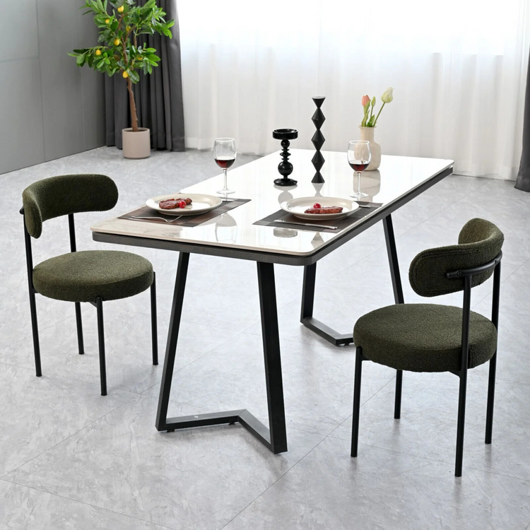 Set of 2 Mid-Century Modern open back chairs | curved backrest & round seating | green boucle fabric 66