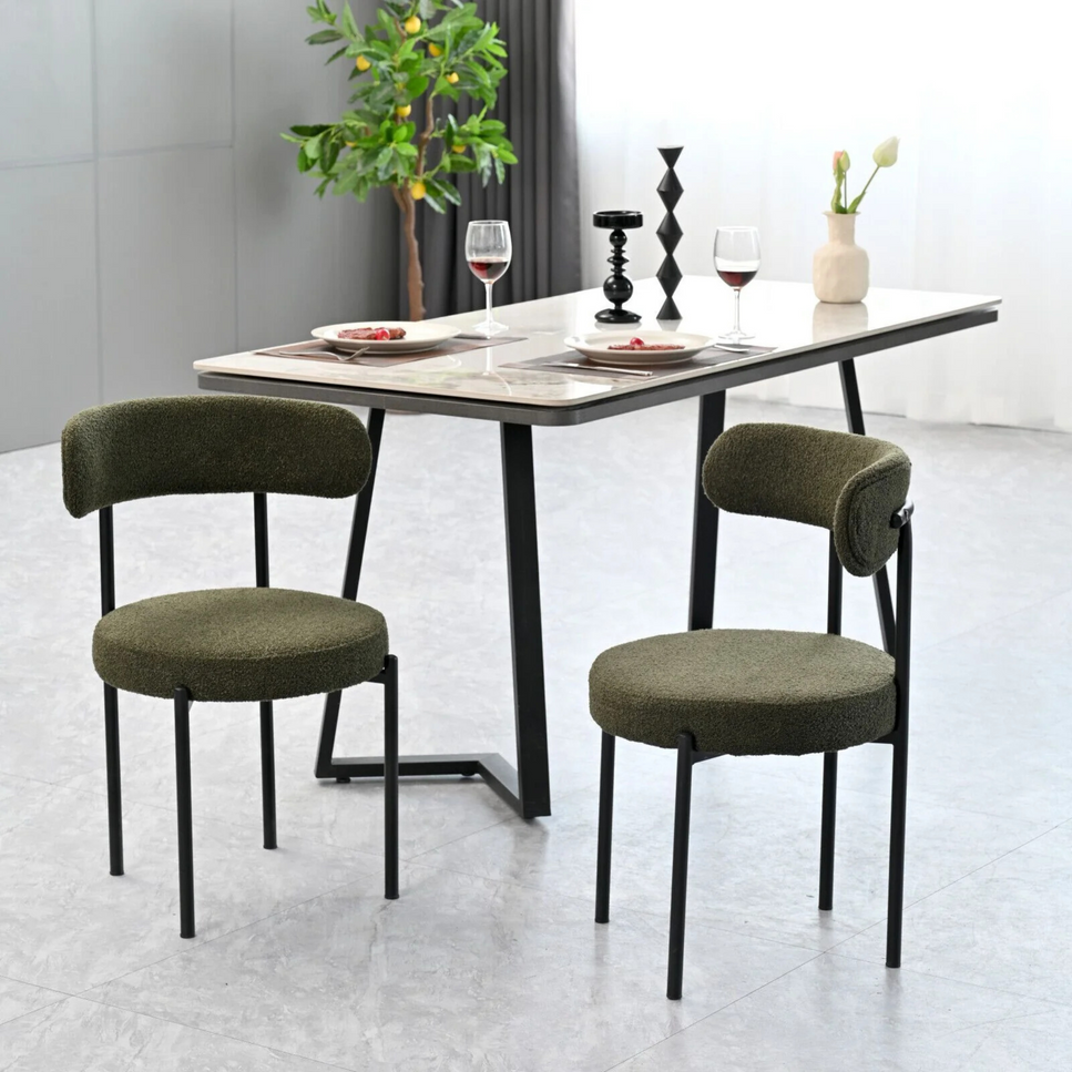 Green Boucle Dining Chairs Set of 2,Mid-Century Modern Curved Backrest Chair,Round Upholstered Kitchen Chairs