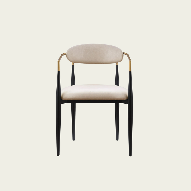 Set of 2 Mid-century modern backrest chairs | needle metal frame gold armrest & beige fabric upholstery 00