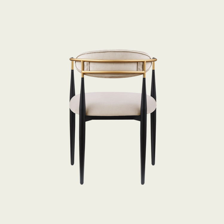 Set of 2 Mid-century modern backrest chairs | needle metal frame gold armrest & beige fabric upholstery 11