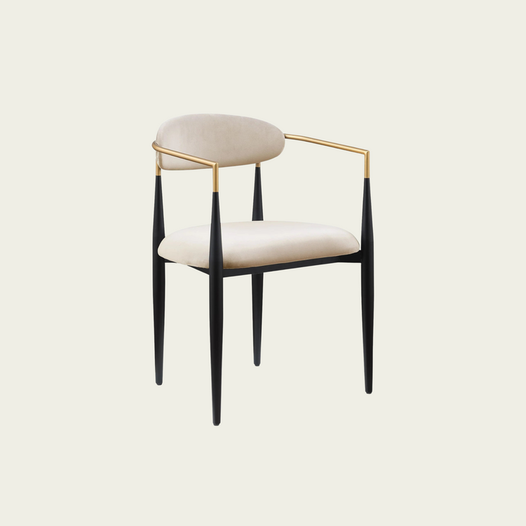 Set of 2 Mid-century modern backrest chairs | needle metal frame gold armrest & beige fabric upholstery 44