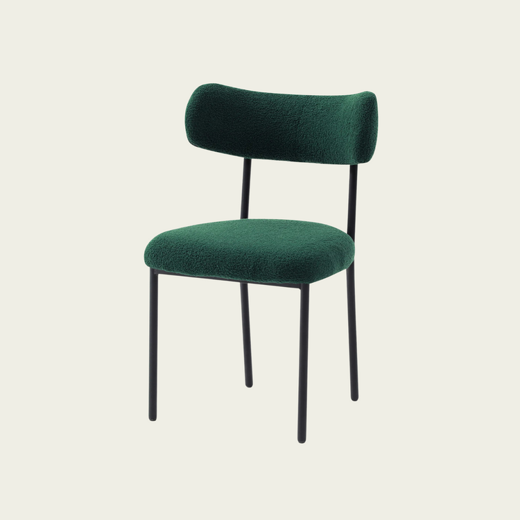 Set of 2 Mid-century modern green sherpa chairs | curved backrest round seating & black metal legs